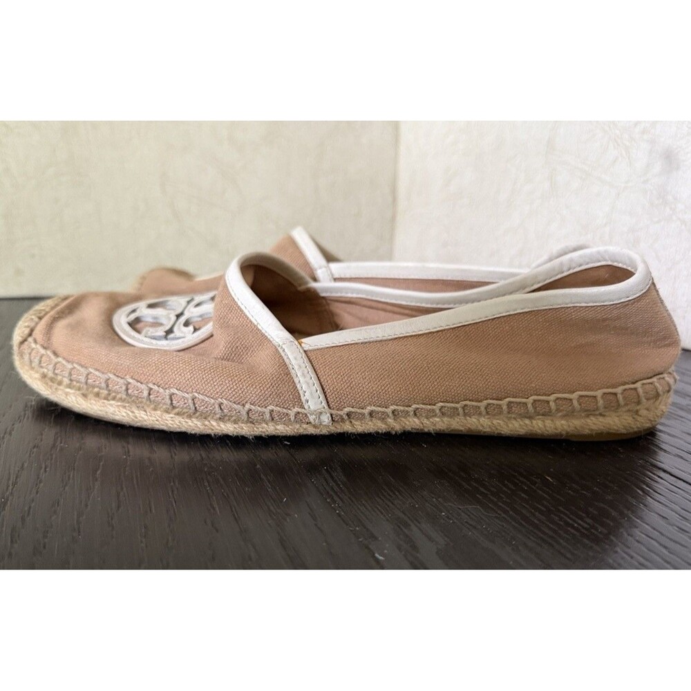 Tory Burch Logo Canvas Espadrille Flat Slip On Shoe Size 8.5 Cream - Picture 4 of 10